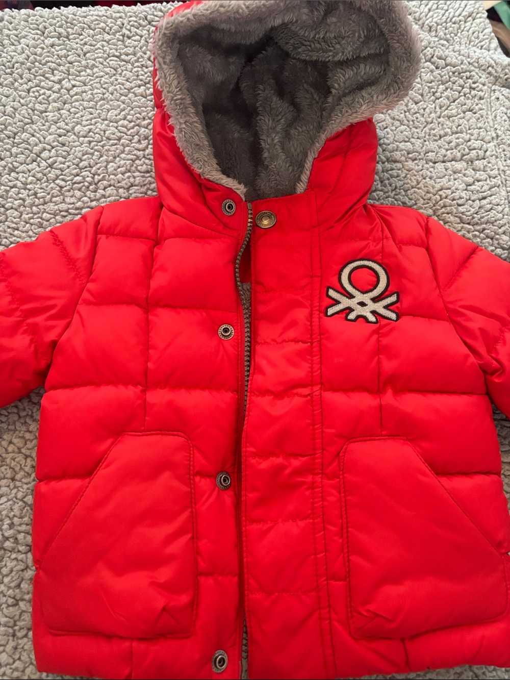 United Colors Of Benetton Bright Red Quilted Puffer Jacket with Faux Fur Hood